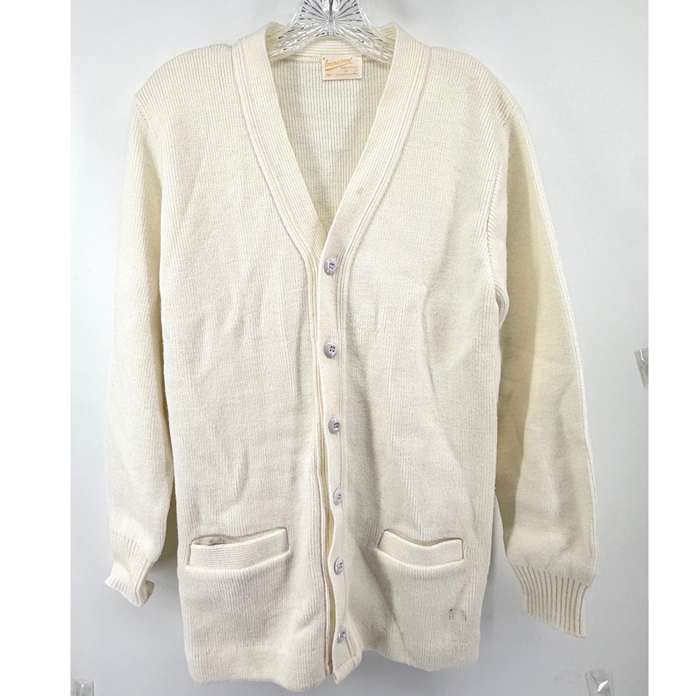 Vintage Imperial Knitting Milwaukee Cream Cardigan Sweater Acrylic Rib Knit Med